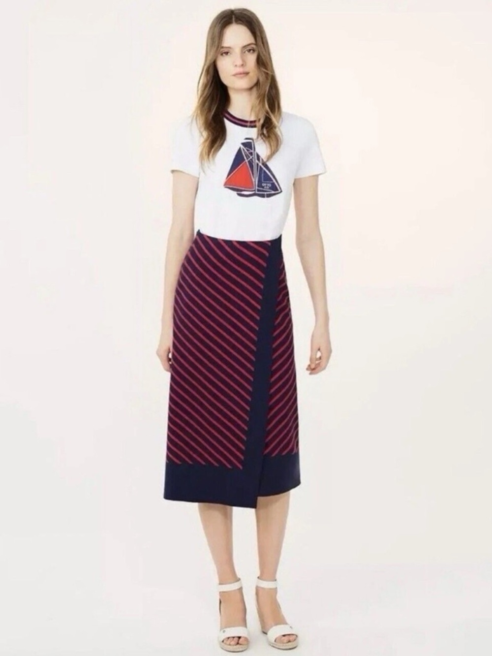 Tory Burch Anya Knit Faux Wrap Medium Navy Blue Nantucket Red A-Line Midi Skirt